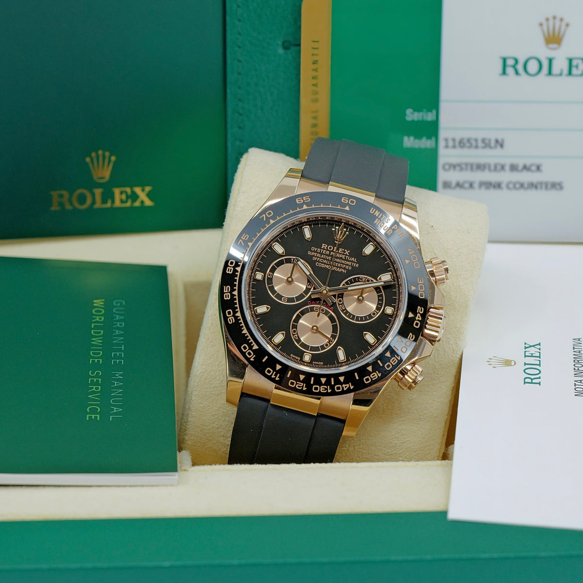 ROLEX COSMOGRAPH DAYTONA REF. 116515LN – ORO EVEROSE 18 CT – QUADRANTE NERO CON CONTATORI ROSÉ – 2019 – NUOVO MAI INDOSSATO – FULL SET ITALIANO