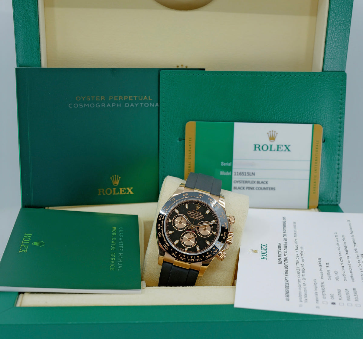 ROLEX COSMOGRAPH DAYTONA REF. 116515LN – ORO EVEROSE 18 CT – QUADRANTE NERO CON CONTATORI ROSÉ – 2019 – NUOVO MAI INDOSSATO – FULL SET ITALIANO